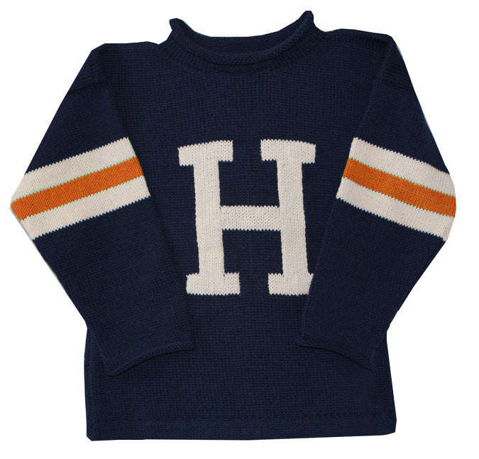 3 striped sleeve initial sweater