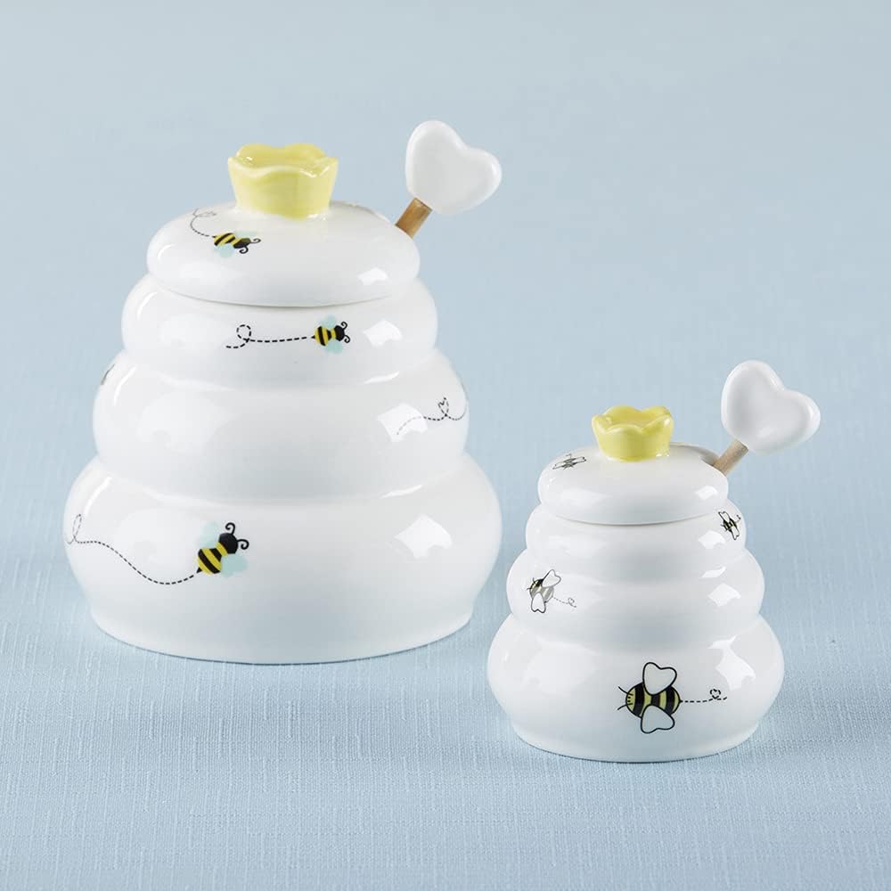Sweet as Can Bee Ceramic Mini Honey Pot with Wooden Honey Dipper (3.4 oz) Honey Jar