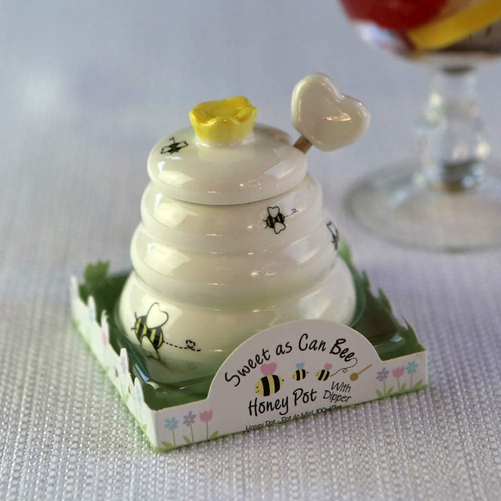 Sweet as Can Bee Ceramic Mini Honey Pot with Wooden Honey Dipper (3.4 oz) Honey Jar