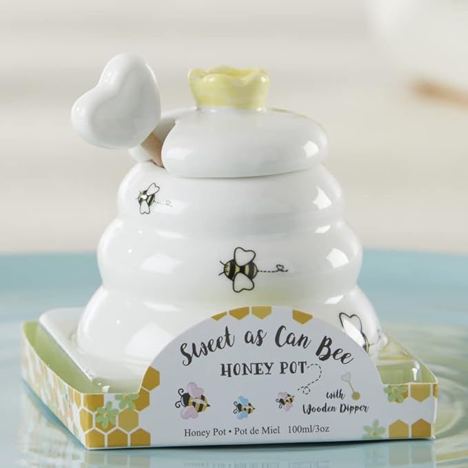 Sweet as Can Bee Ceramic Mini Honey Pot with Wooden Honey Dipper (3.4 oz) Honey Jar