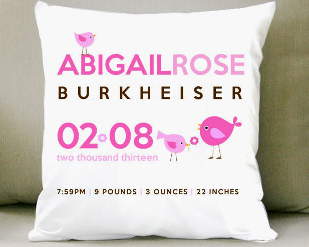 birth announcement new baby gift birdie pillow