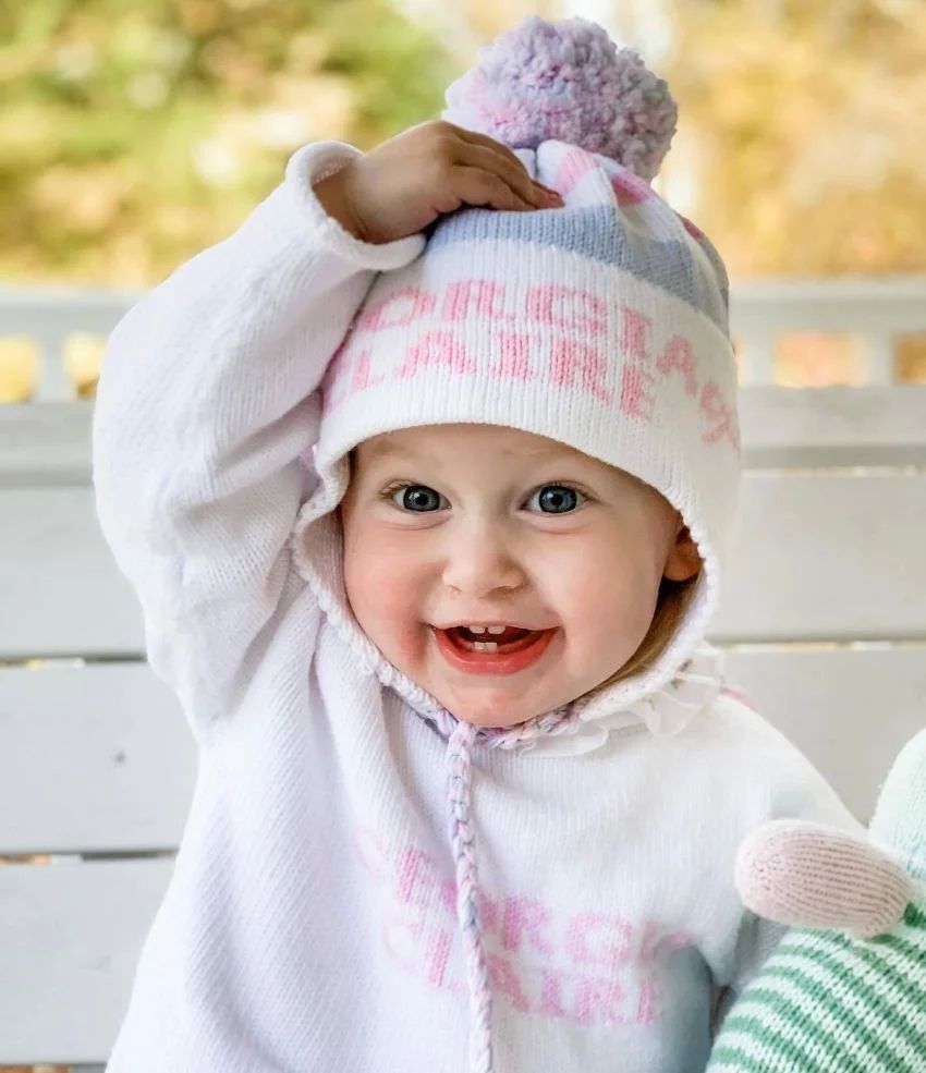 stripe earflap hat with monogram bows and pompom