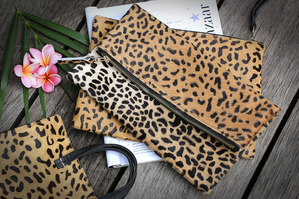 foldover lux printed leopard clutch