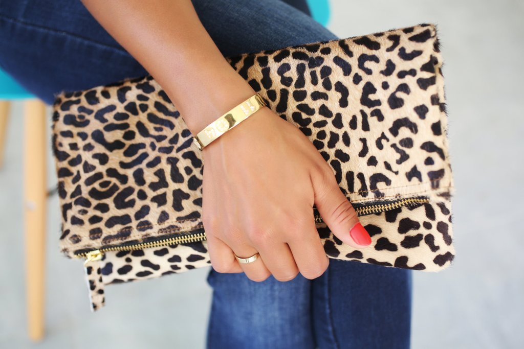 foldover lux printed leopard clutch