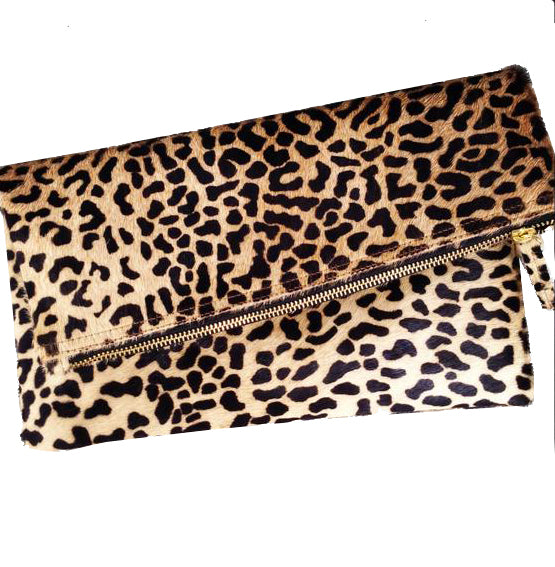 foldover lux printed leopard clutch