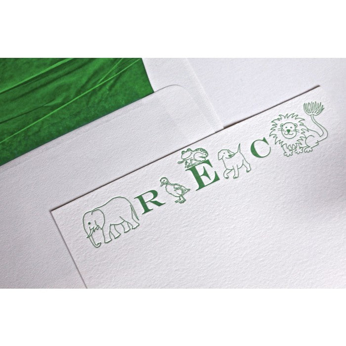 animal monogram green baby stationery