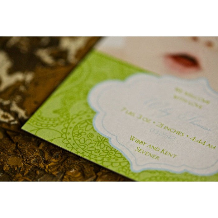 flat print baby announcement - pretty paisley blue