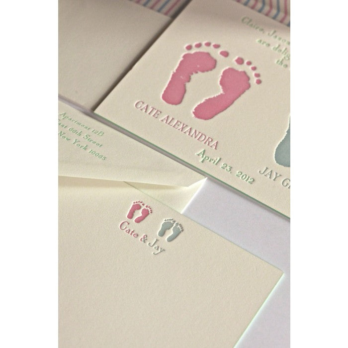 letterpress footprint baby announcement - cate & jay