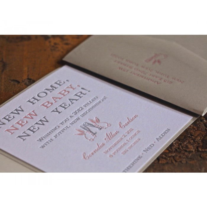 letterpress twin rabbit baby announcement - cornelia