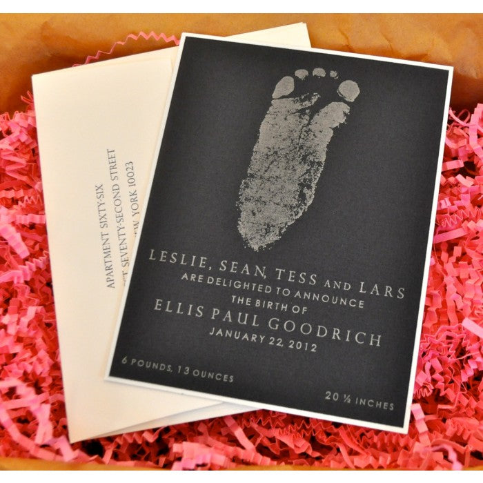 letterpress baby announcement - footprint