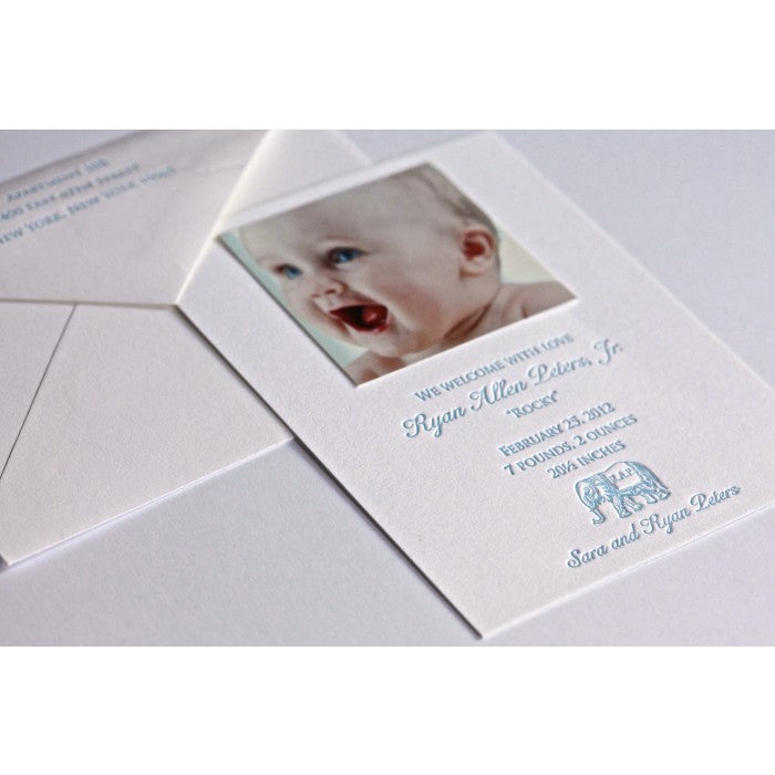 letterpress elephant baby announcement - rocky