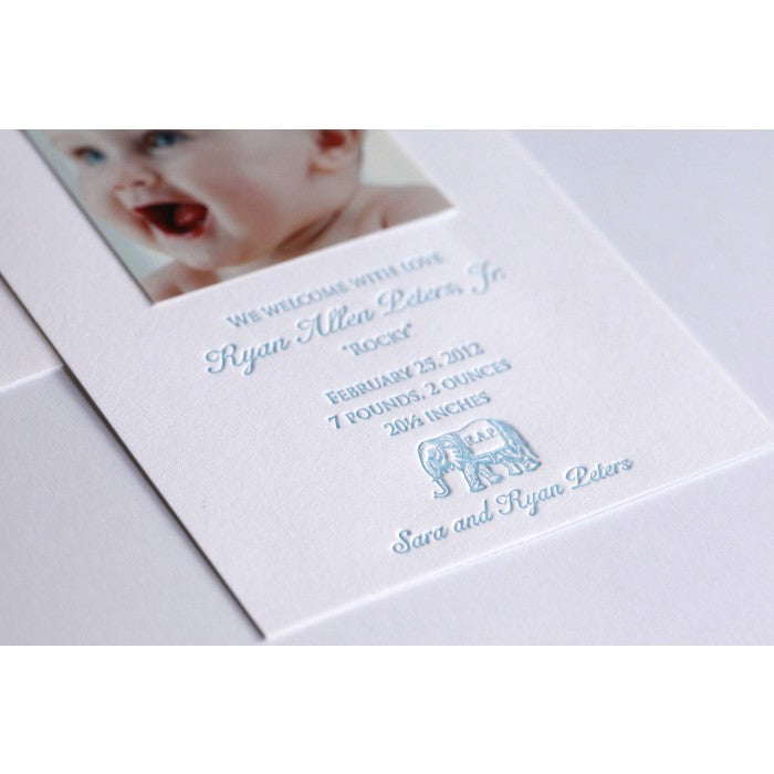 letterpress elephant baby announcement - rocky