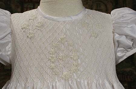 silk dupioni christening gown with smocked bodice