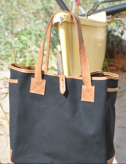 leather and canvas tote with monogram