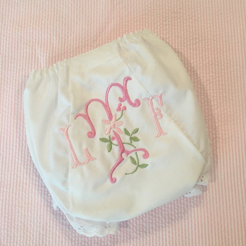 monogrammed bloomer, burp cloth and bib set with floral embroidery