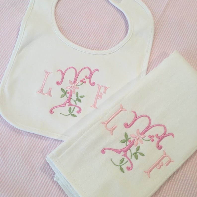 monogrammed bloomer, burp cloth and bib set with floral embroidery