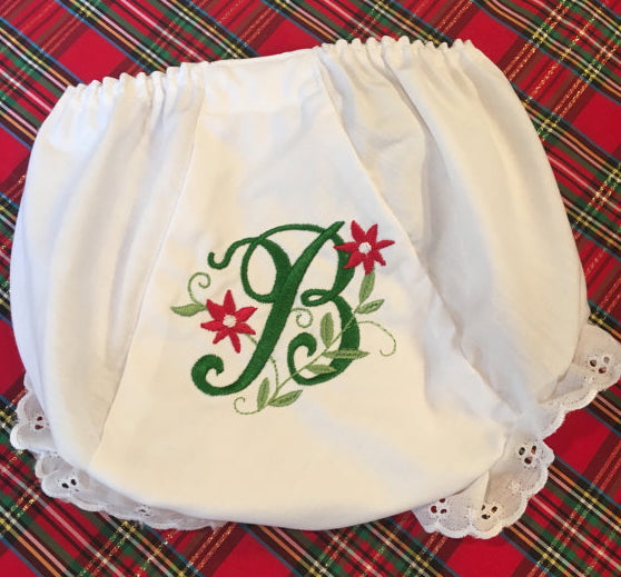 monogrammed embroidered holiday burp cloth and bloomer set