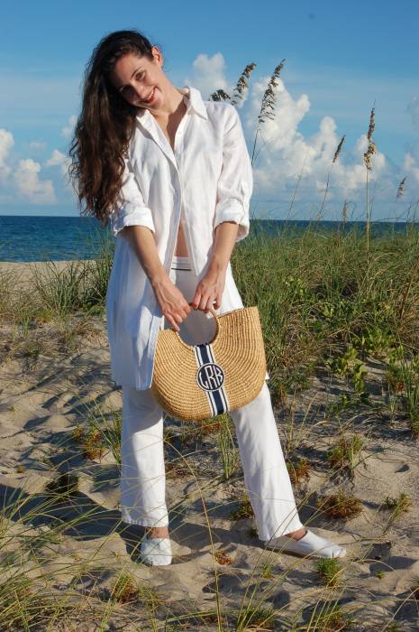 monogrammed half moon woven basket bag