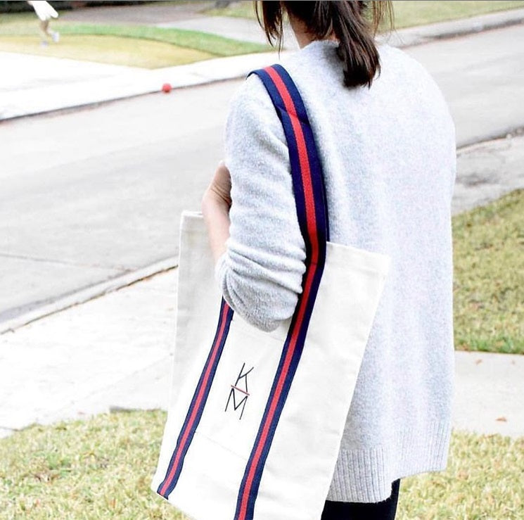 navy red stripe shopper tote