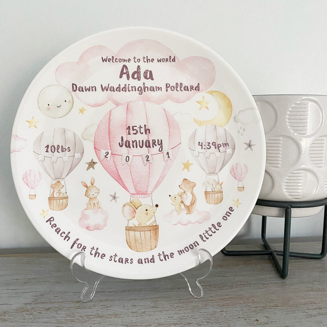 personalized baby girl plate - hot air balloon