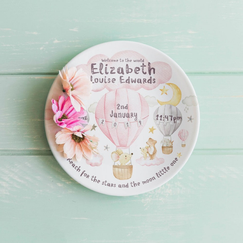 personalized baby girl plate - hot air balloon