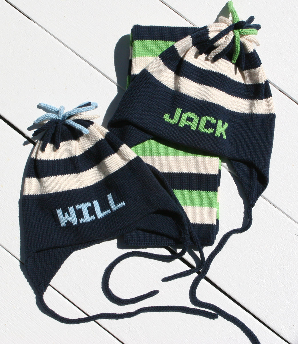personalized cotton earflap hat (stripe) - multiple colors available