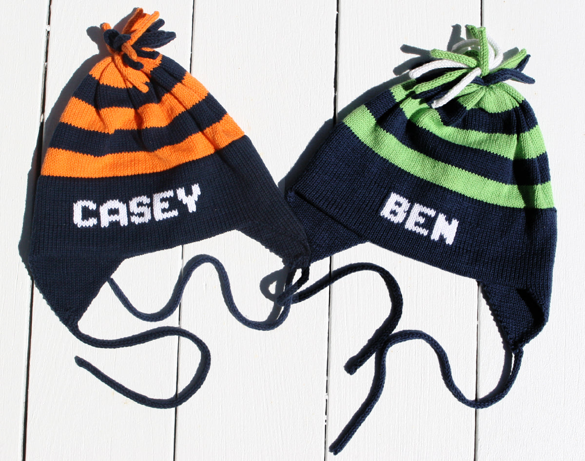 personalized cotton earflap hat (stripe) - multiple colors available