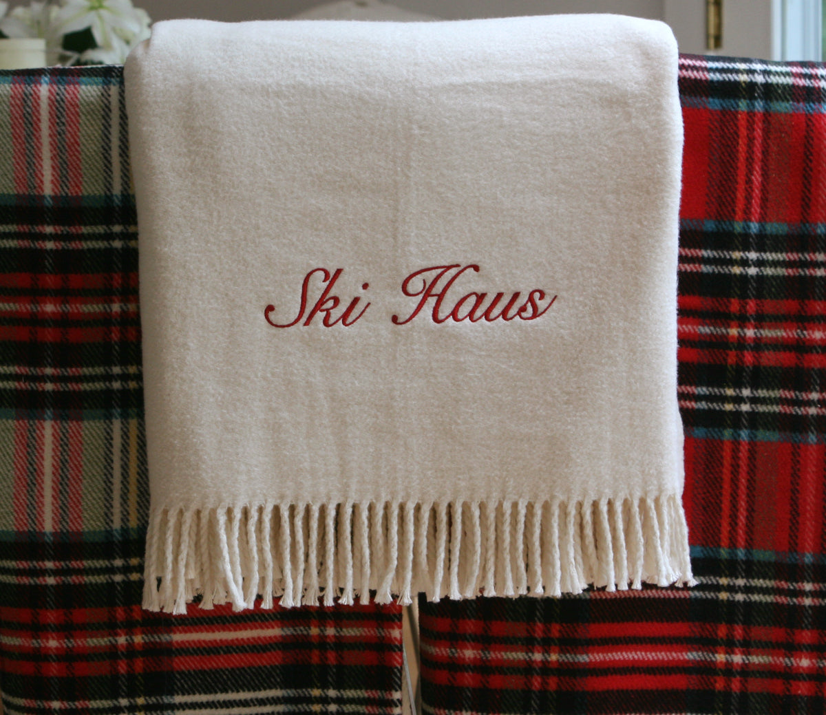 personalized creme holiday throw
