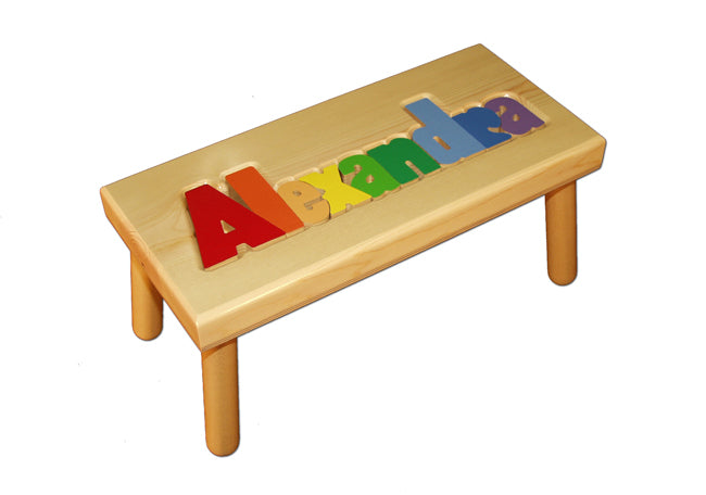 personalized name puzzle stool - natural with primary colors