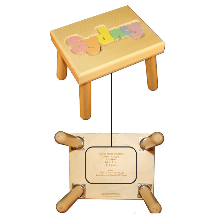 personalized name puzzle stool - natural with pastel colors
