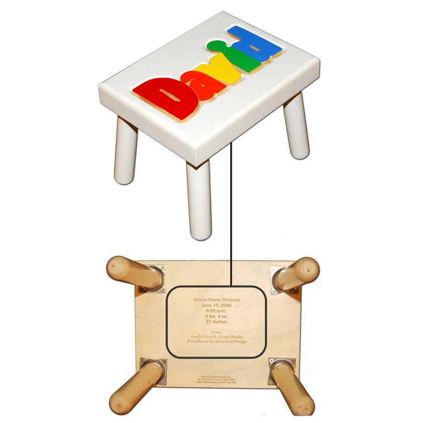 personalized name puzzle stool - white with primary colors