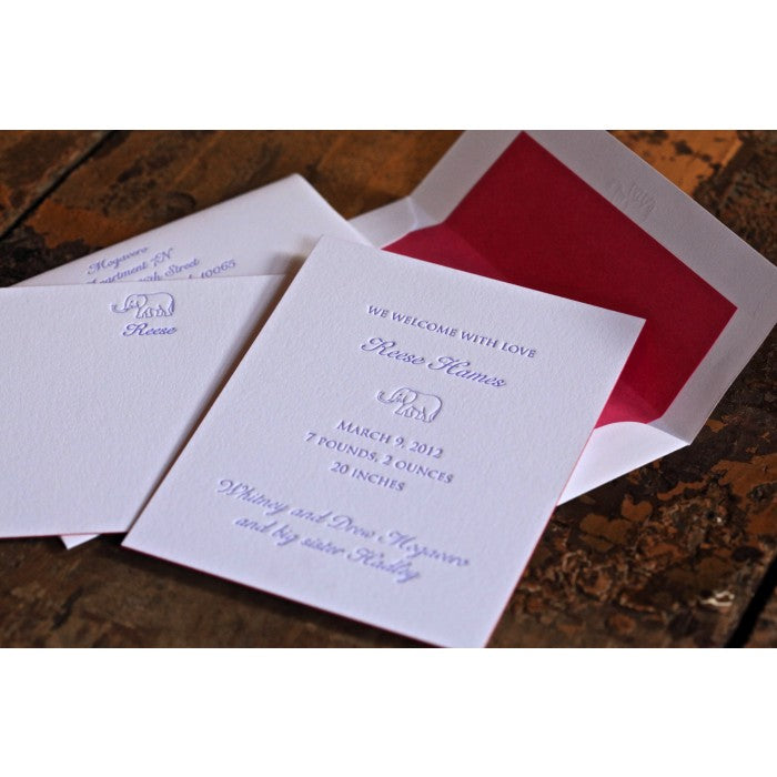 letterpress elephant baby announcement - reese
