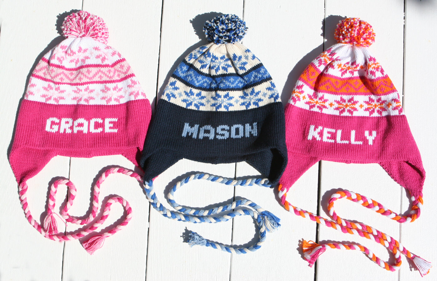 snowflake earflap hat with braided ties