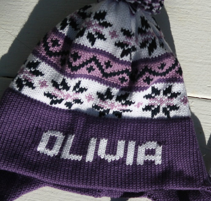 snowflake earflap hat with braided ties