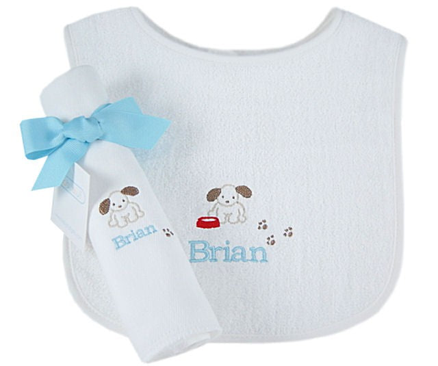personalized bib and burp cloth set - puppy