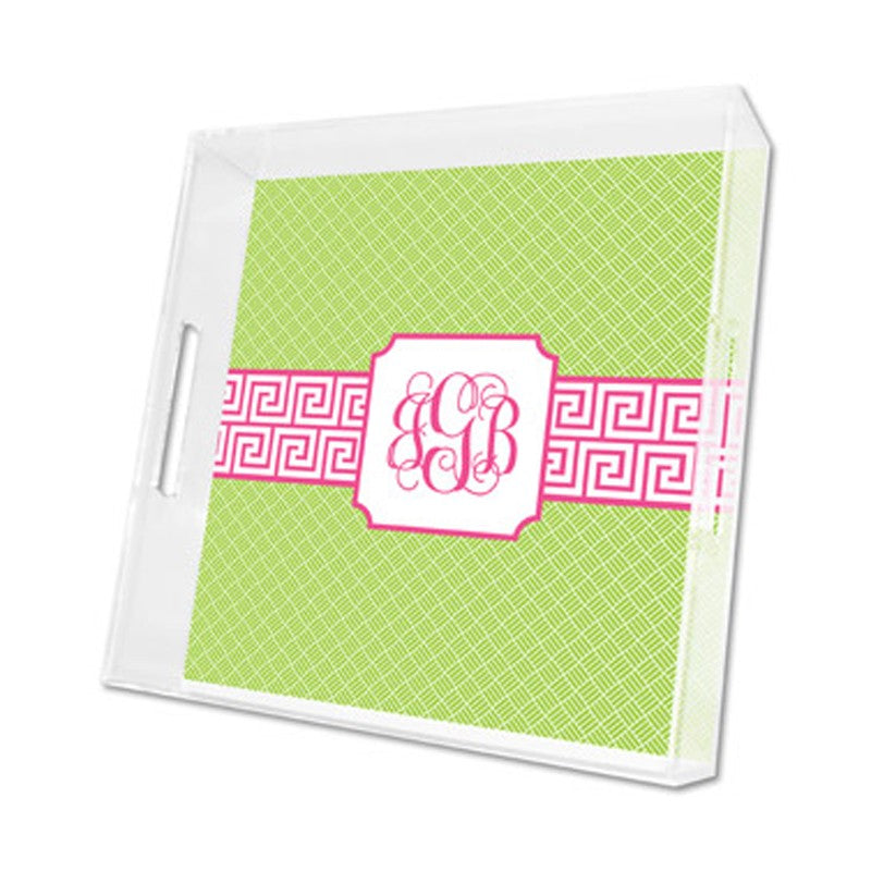 greek key band pink lucite tray - square