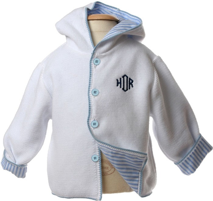 lined hooded cotton white sweater (baby blue gingham lining)