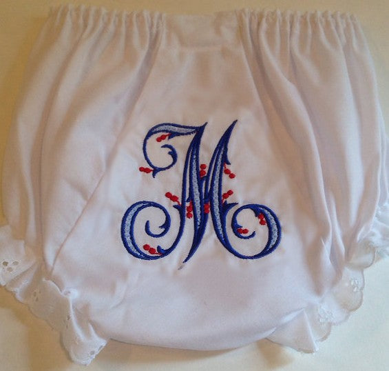 personalized diaper cover with single initial and berries in blue