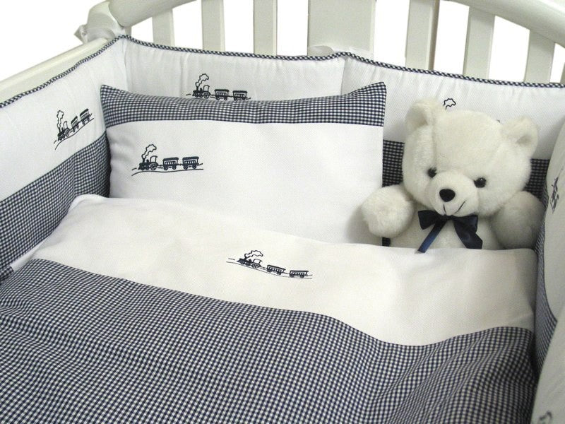 embroidered train crib bedding