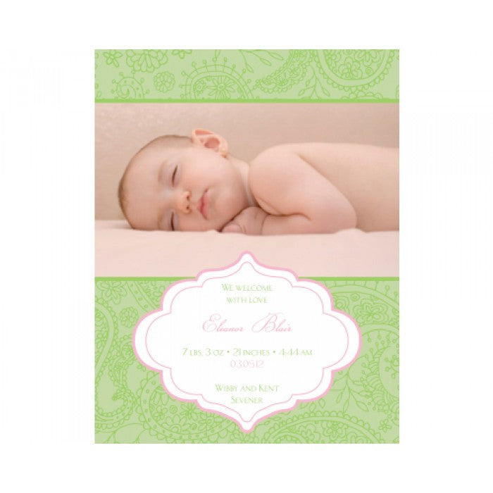 flat print baby announcement - pretty paisley pink