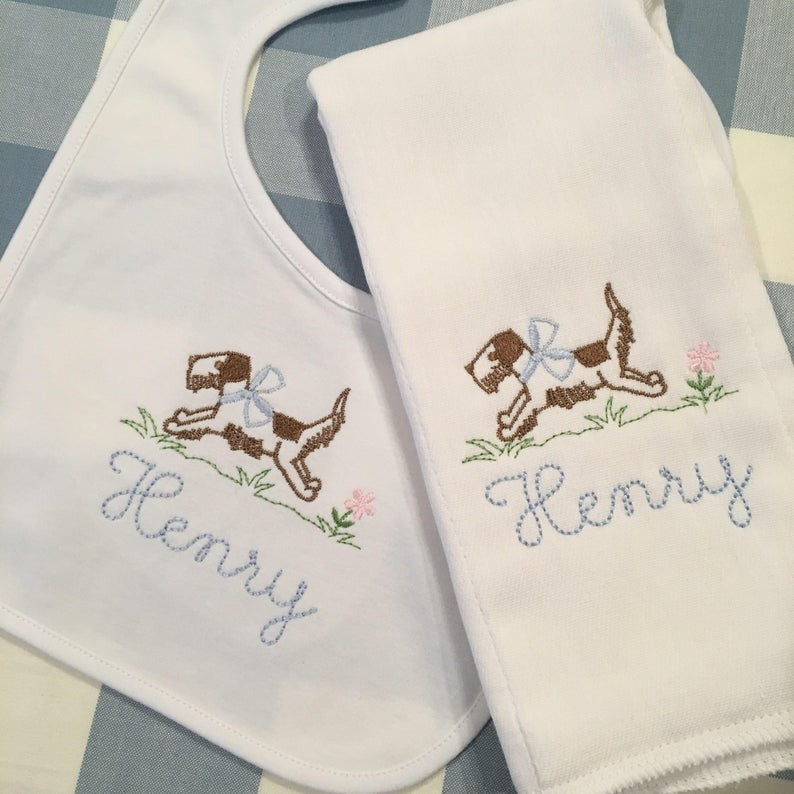 baby boy vintage puppy name burp cloth and bib set