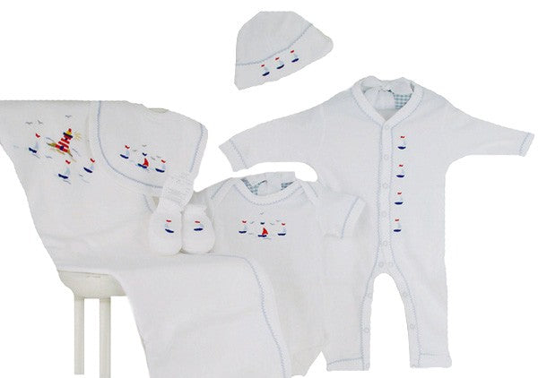 sailing away premium embroidered layette set by gordonsbury