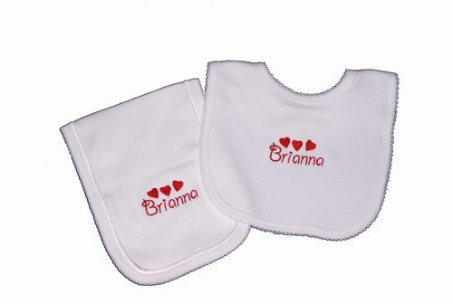 personalized heart bib and burp set