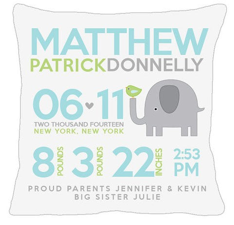 birth announcement new baby elephant pillow (aqua)