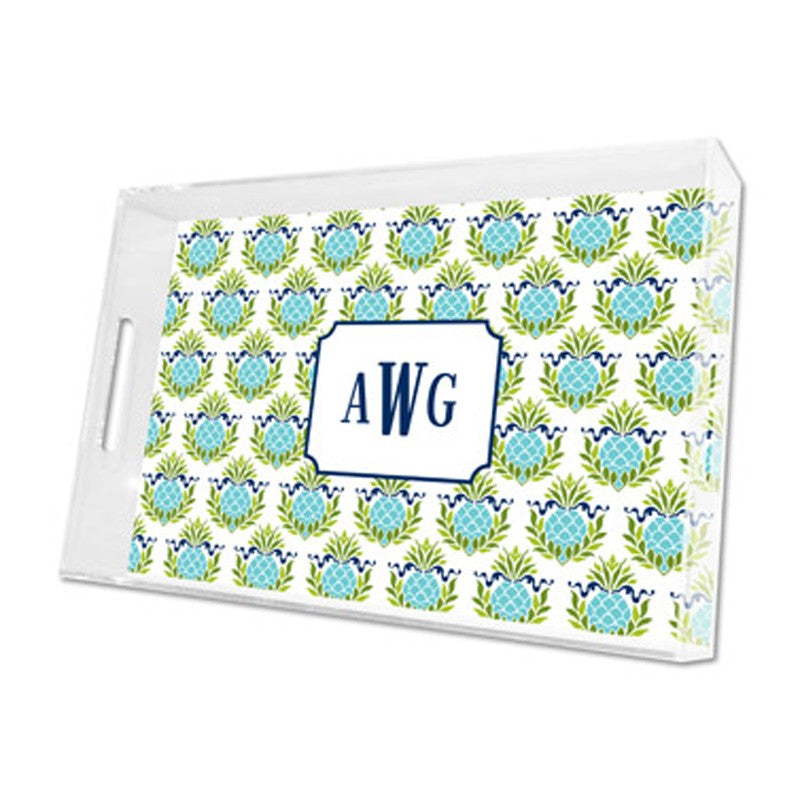 pineapple repeat teal lucite tray - large