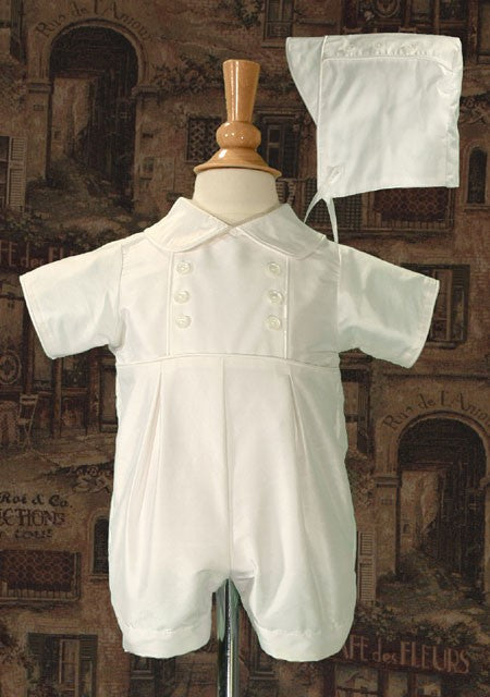 boys silk christening romper with buttons
