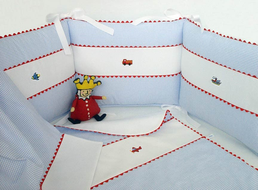 transportation blue mini checker crib bedding