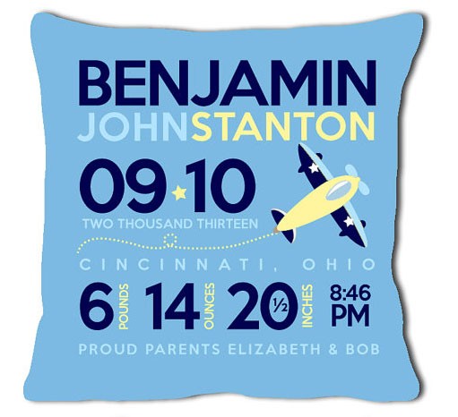 birth announcement new baby airplane pillow (blue)