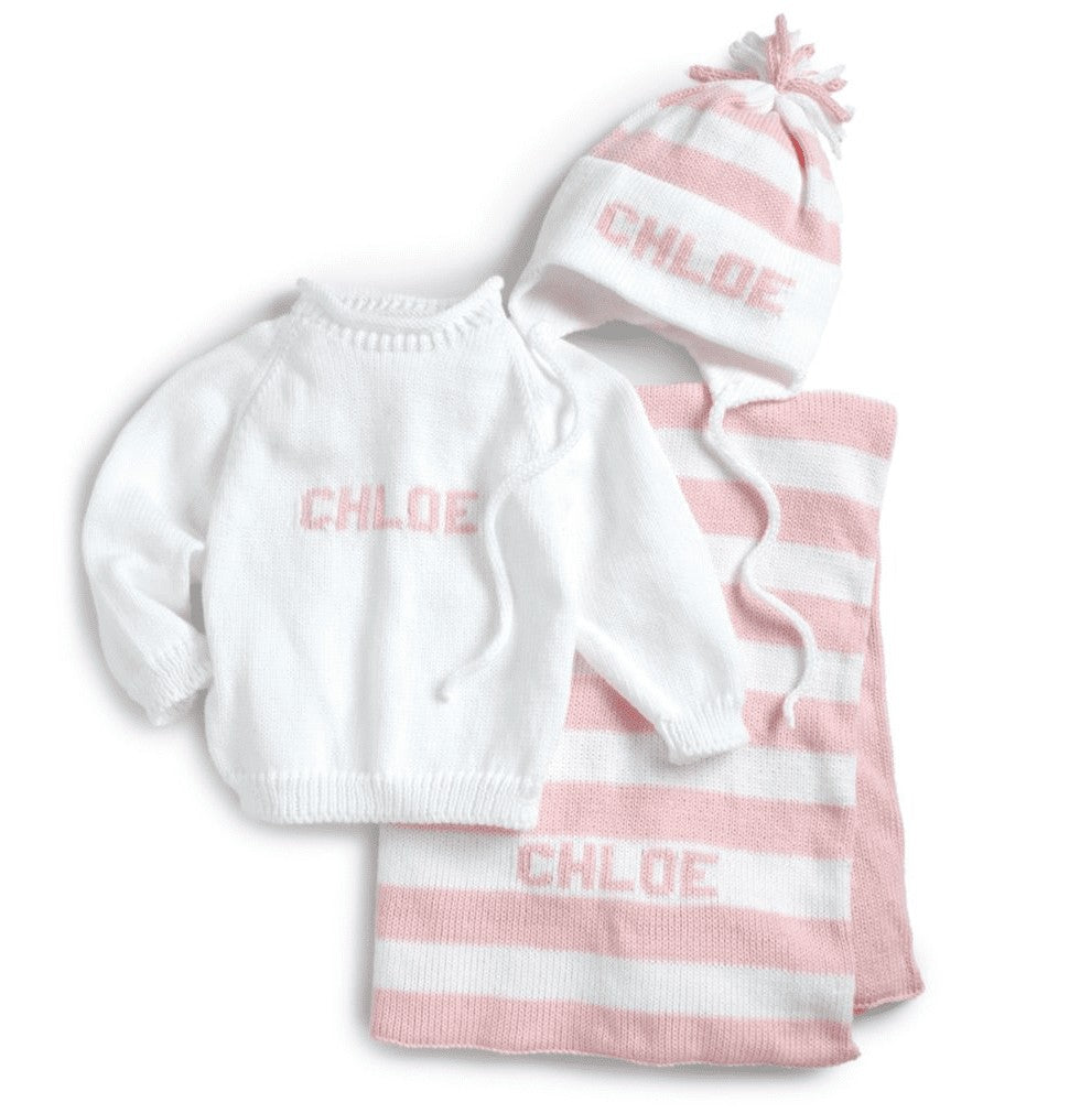 custom baby girl monogrammed knit set (blanket, sweater and hat)