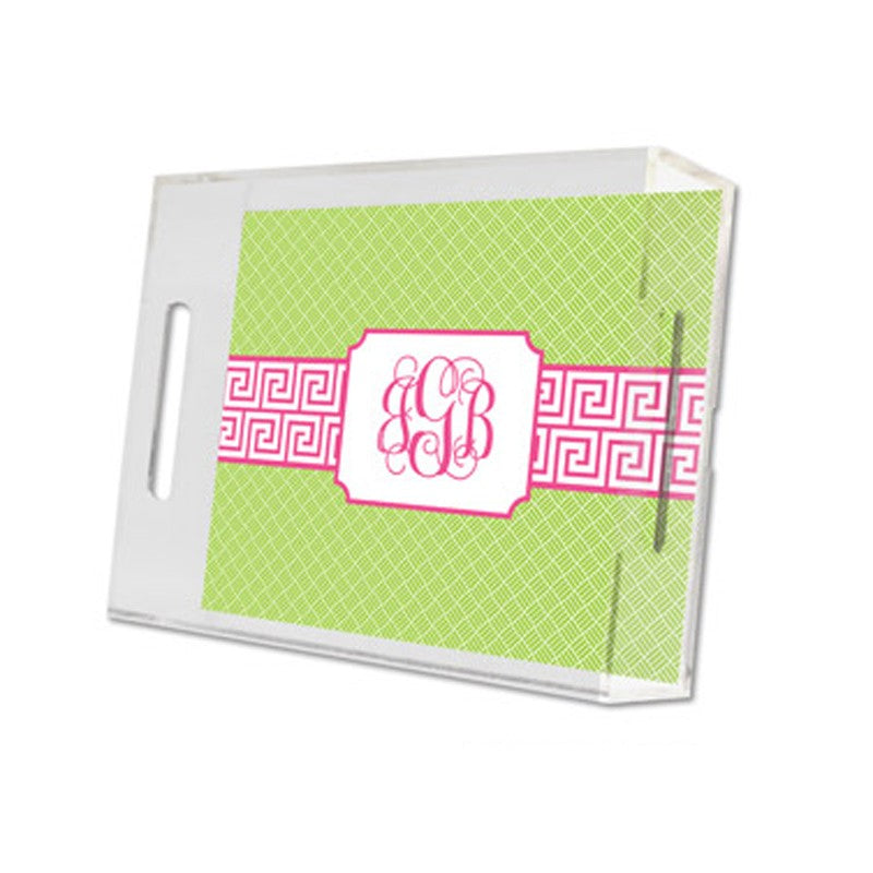 greek key band pink lucite tray - small